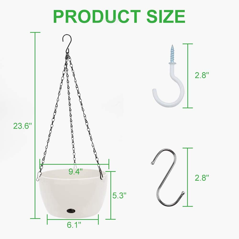 GROWNEER, GROWNEER 2 Packs 9.4 Inches Plastic Hanging Planter Self Watering Basket with 6 Pcs Hooks, Hanging Flower Pot with Detachable Base for Garden Indoor Outdoor Home Decoration (White)