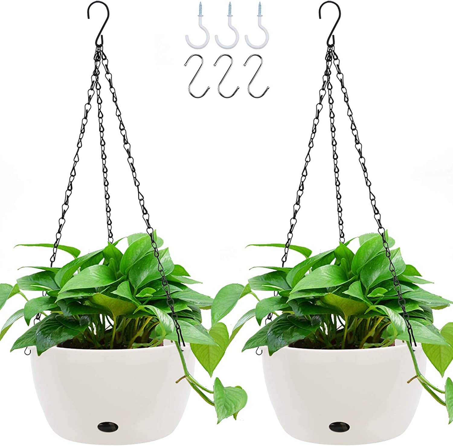 GROWNEER, GROWNEER 2 Packs 9.4 Inches Plastic Hanging Planter Self Watering Basket with 6 Pcs Hooks, Hanging Flower Pot with Detachable Base for Garden Indoor Outdoor Home Decoration (White)