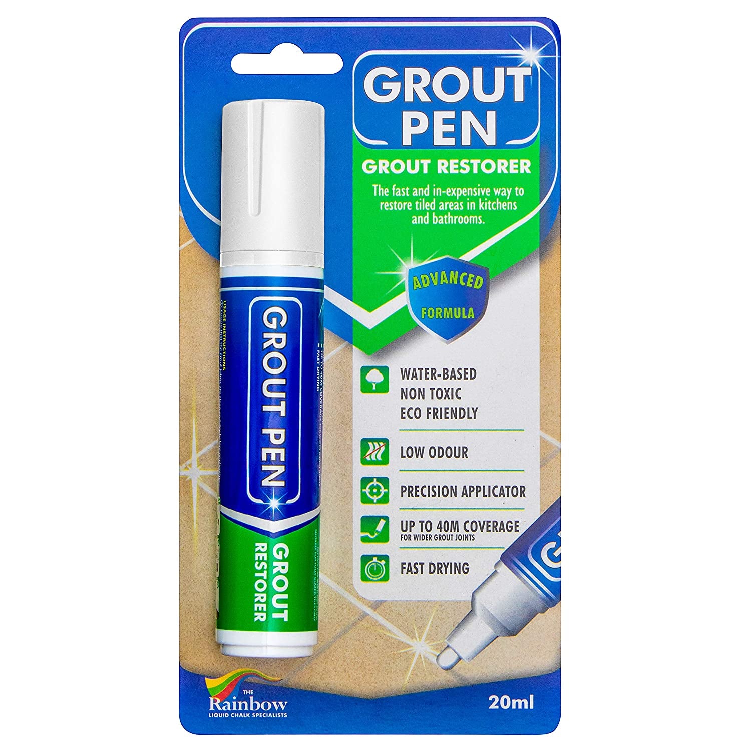 RAINBOW CHALK MARKERS LTD, Grout Pen Large White - Ideal to Restore the Look of Tile Grout Lines