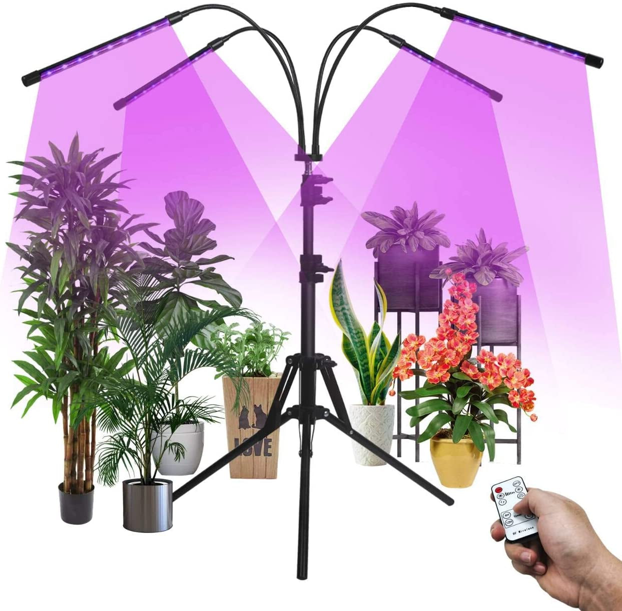 QYSQ, Grow Light for Indoor Plants, Plant Growing Lamps 4-Head 80 LED Full Spectrum Dimmable Plant Grow Light with Adjustable Tripod Stand, Dual Controllers and 4/8/12H Timer（Type_A_2Pin_Na_Jp）
