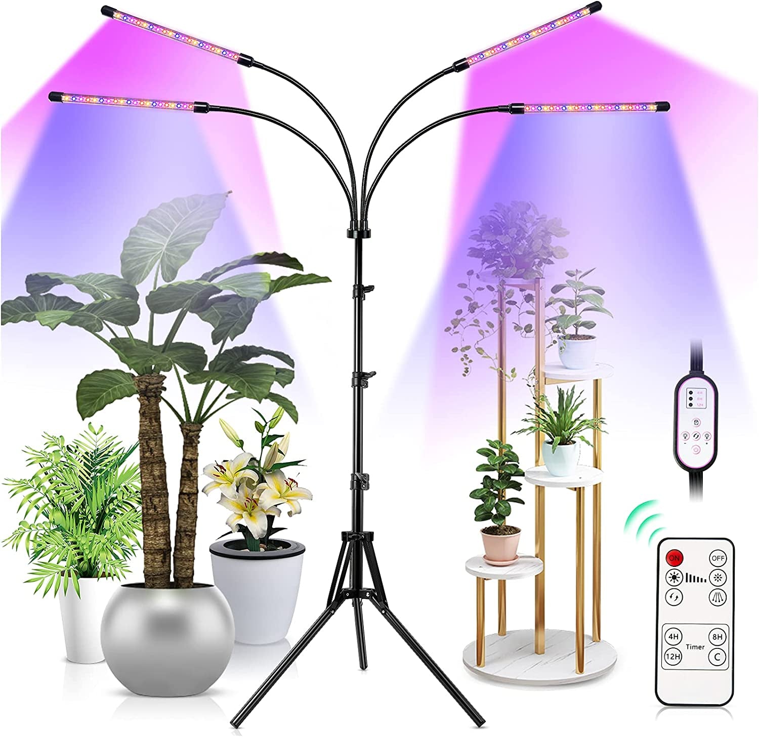 Feel Show, Grow Lights for Indoor Plants, LED Full Spectrum Plant Light with Stand (Adjustable Tripod 15-60Inch for Floor Plants, Red/Blue/White, 4/8/12H Timer with Remote Control) (Red)