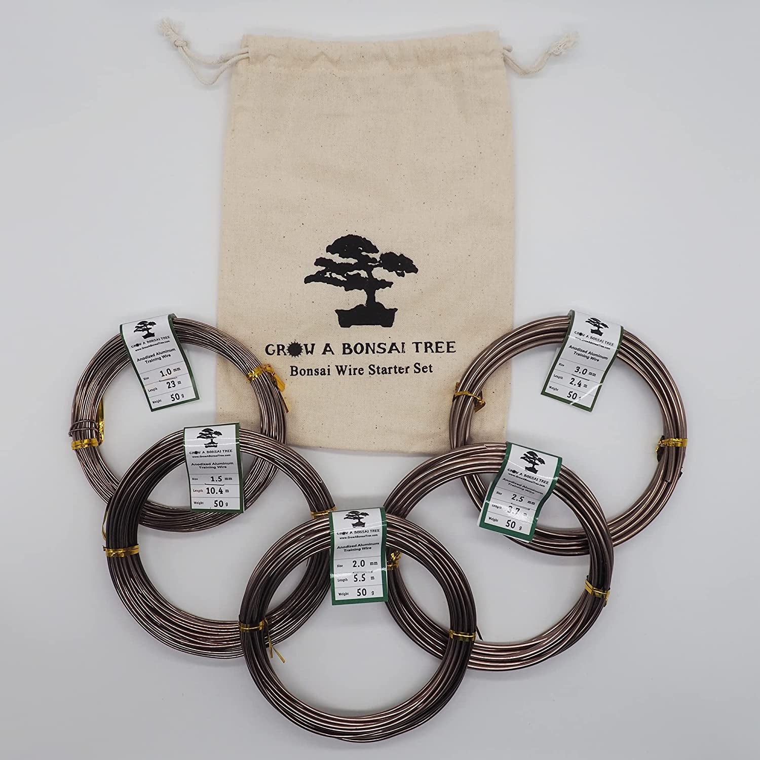 GROW A BONSAI TREE, Grow a Bonsai Tree Anodized Aluminium Bonsai Training Wire 5-Size Starter Set with Canvas Bag - 1.0Mm, 1.5Mm, 2.0Mm, 2.5Mm, 3.0Mm (147 Feet Total) - Choose Your Color (5 Sizes, Brown)