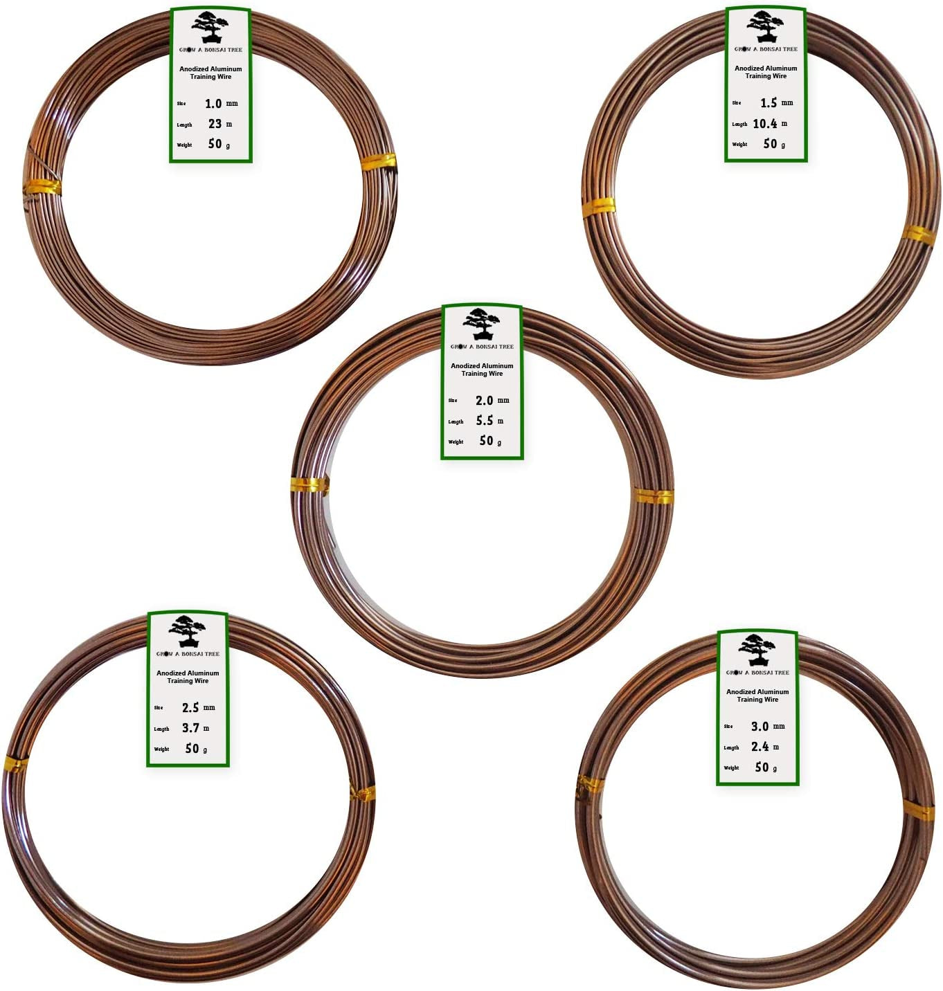 GROW A BONSAI TREE, Grow a Bonsai Tree Anodized Aluminium Bonsai Training Wire 5-Size Starter Set with Canvas Bag - 1.0Mm, 1.5Mm, 2.0Mm, 2.5Mm, 3.0Mm (147 Feet Total) - Choose Your Color (5 Sizes, Brown)