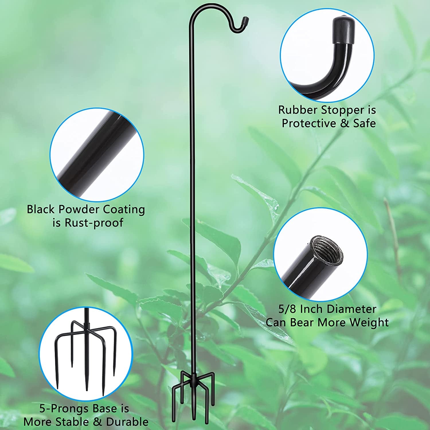 Gtongoko, Gtongoko Shepards Hooks for Outdoor 92 Inch, Tall Bird Feeder Pole, Adjustable Shepherds Hooks for Hanging Plant Baskets, Lanterns, Weddings Decor, Solar Lights, Black,1 Pack