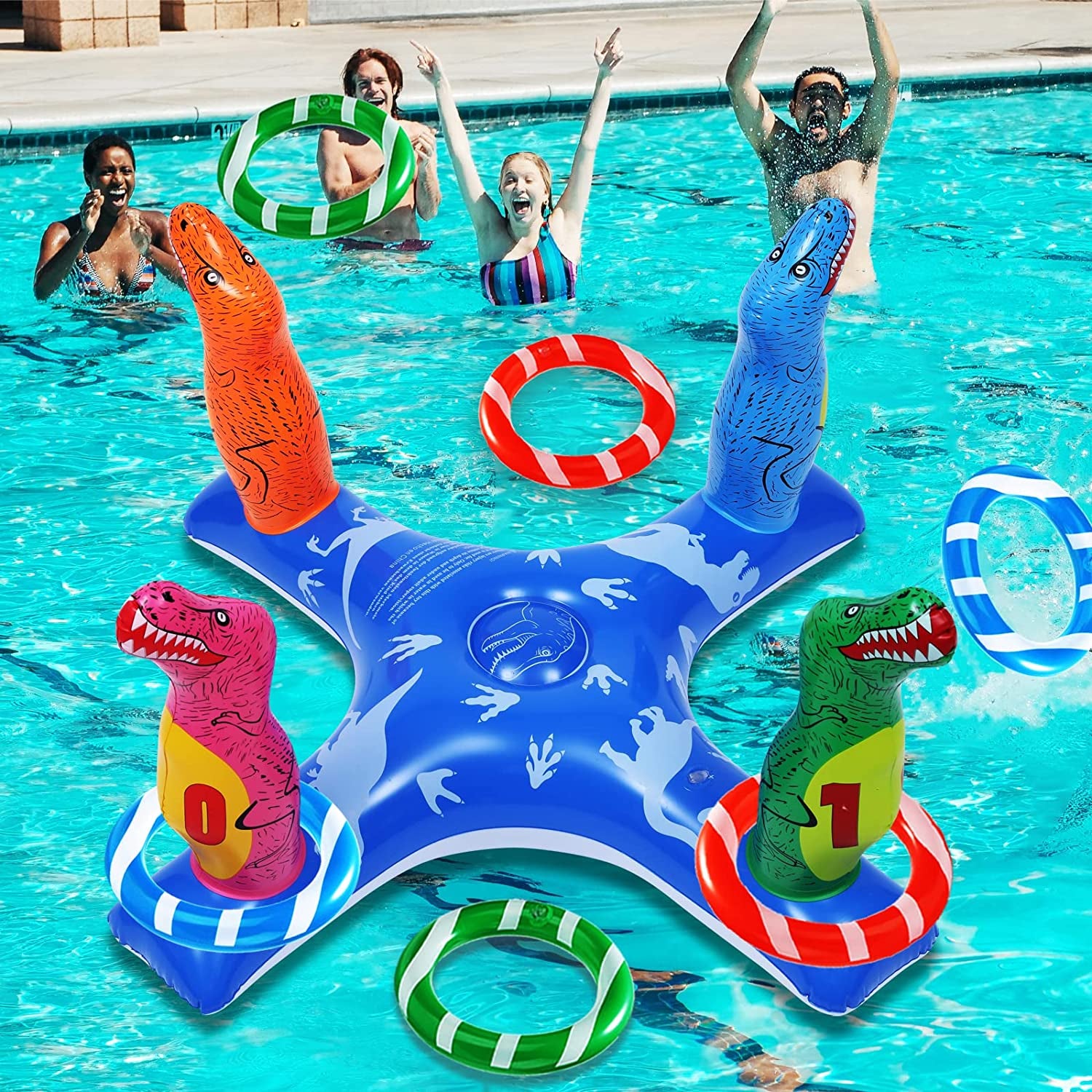 Hstyle, H-Style Pool Ring Toss Games, Inflatable Dinasour Pool Toys with 6Pcs Rings for Kids and Adults, Multiplayer Summer Swimming Pool & Beach Party Funny Games for Friends and Family